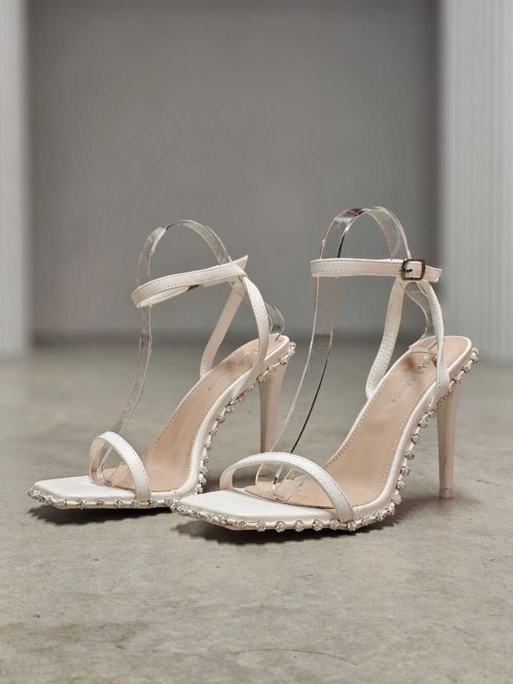 Rhinestone Embellished White High Heel Sandals With Ankle Strap & Square Toe Des